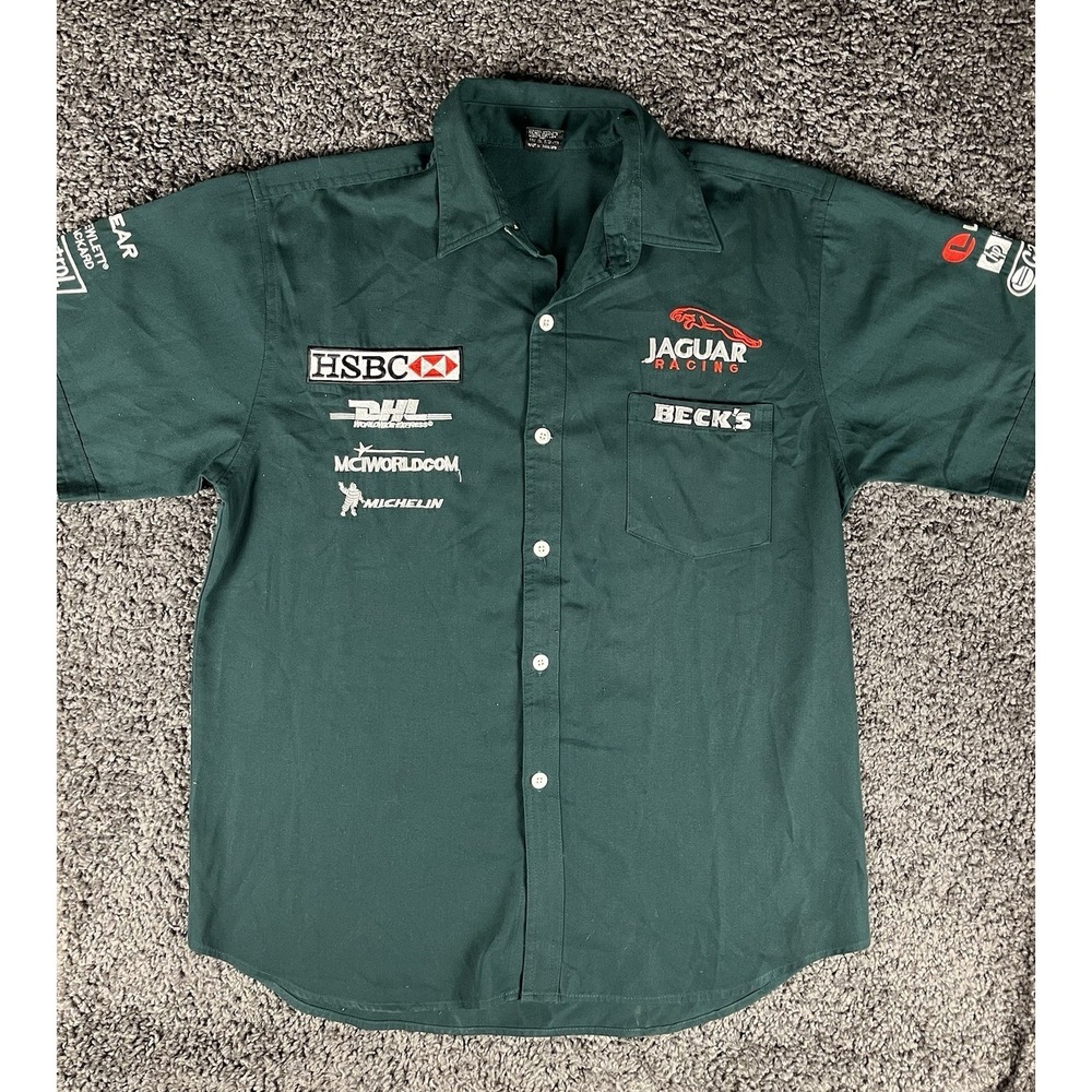 Y2K JAGUAR RACING Short Sleeve Green button-up Shirt Embroidered Logo Sz 2XL - Picture 2 of 9